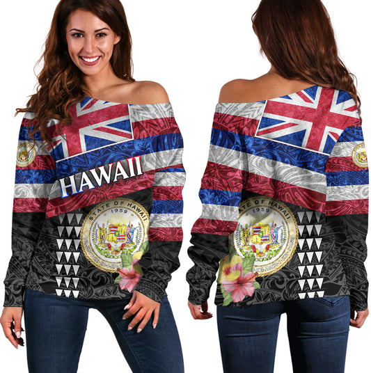 Hawaii Off Shoulder Sweatshirt Hawaiian Flag Polynesian Tribal Hibiscus Style
