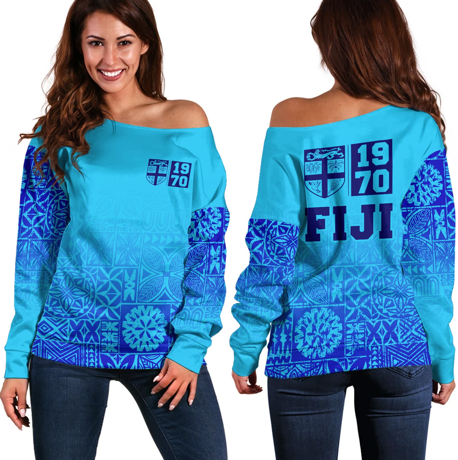Fiji Off Shoulder Sweatshirt Fiji Independence 1970 Tapa Style (Ver 2)