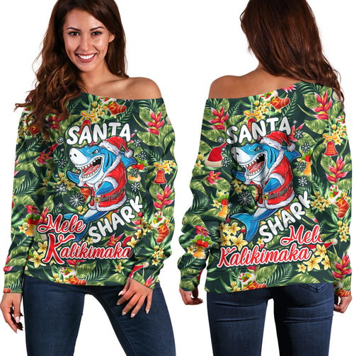 Hawaii Off Shoulder Sweatshirt Mele Kalikimaka Santa Shark Tropical Style