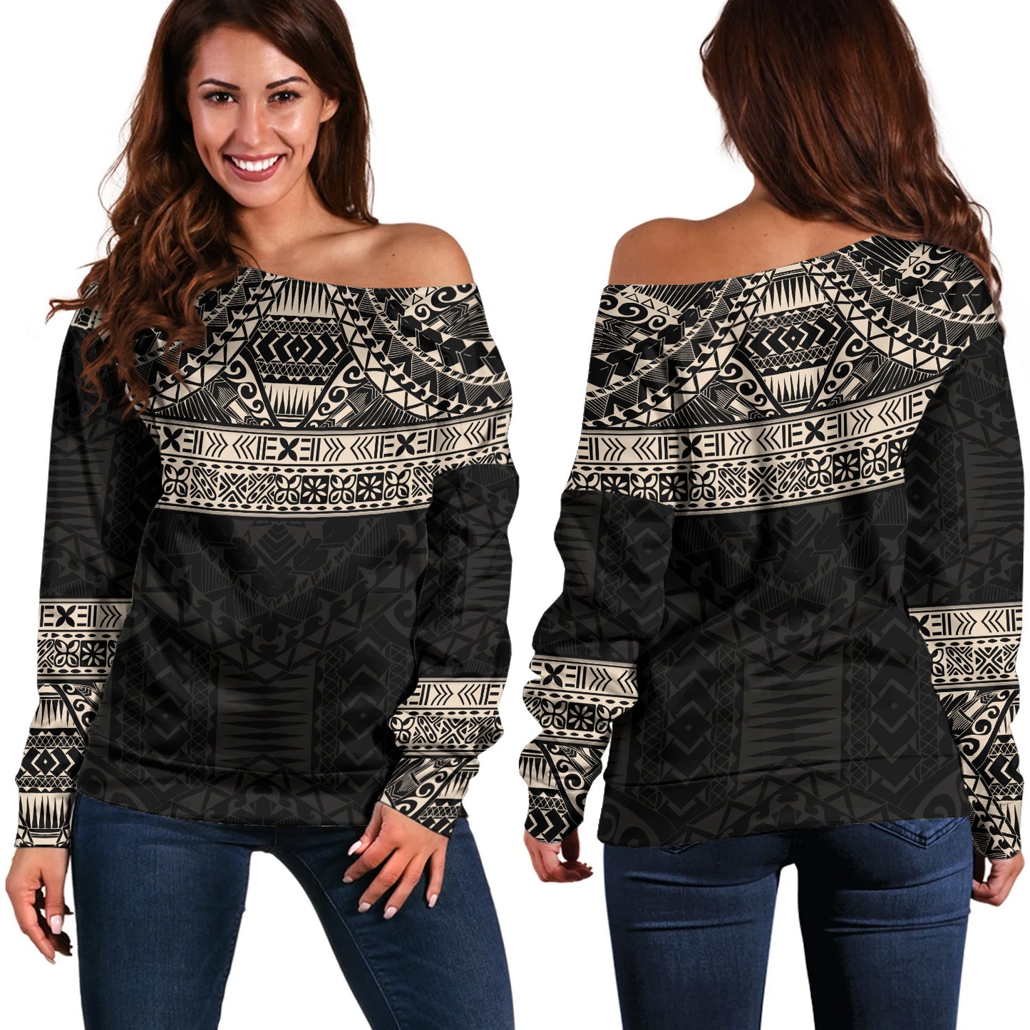 Polynesian Off Shoulder Sweatshirt Traditional Tribal Tattoos