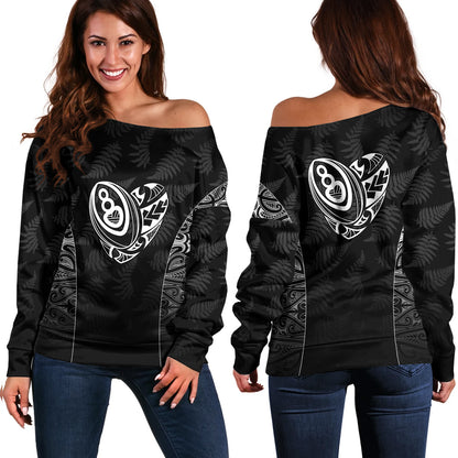 New Zealand Personalized Off Shoulder Sweatshirt Rugby Heart Maori Style Silver Fern