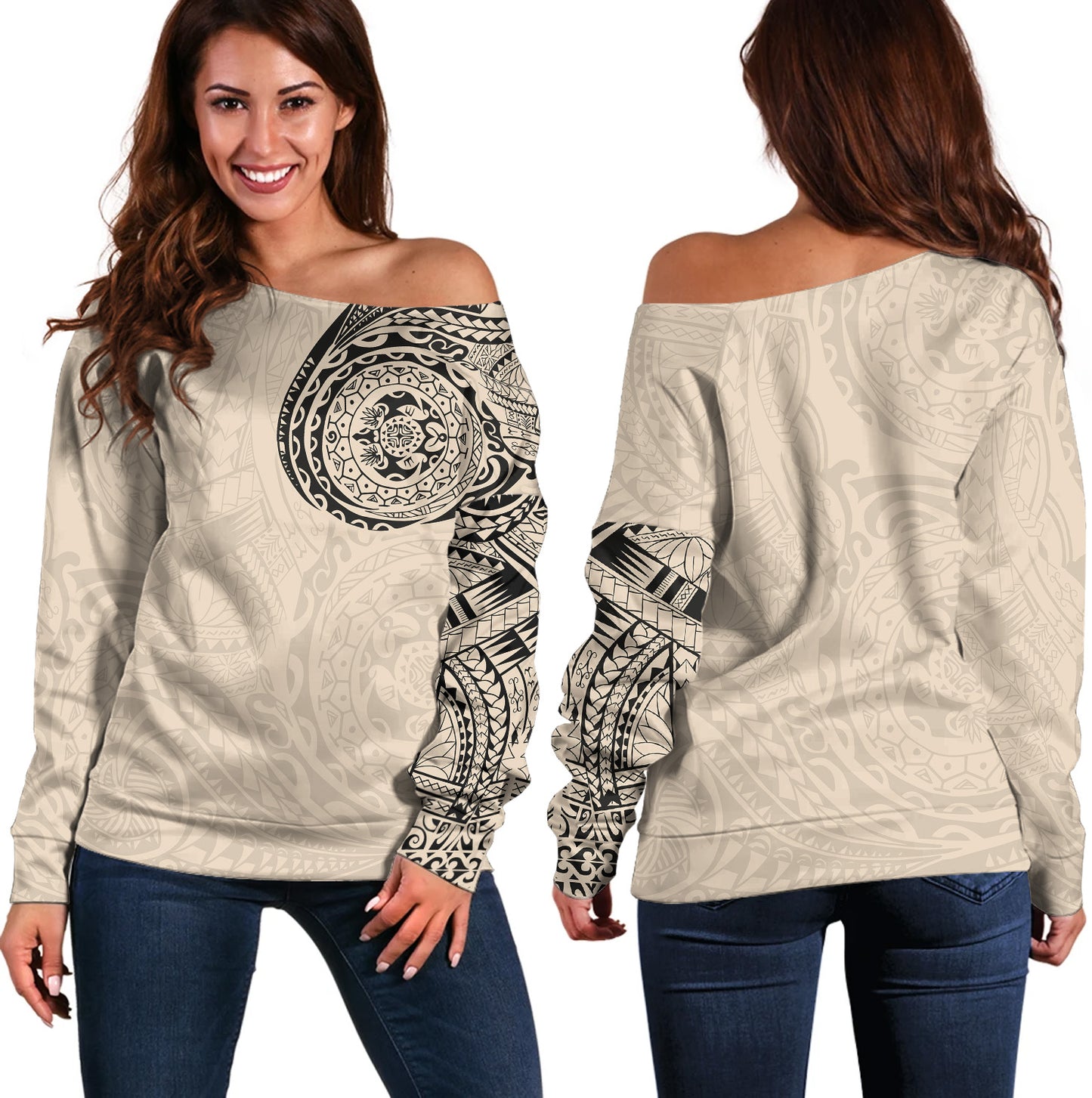 Polynesian Off Shoulder Sweatshirt Polynesian Tattoo Style Version 2.0 Nude