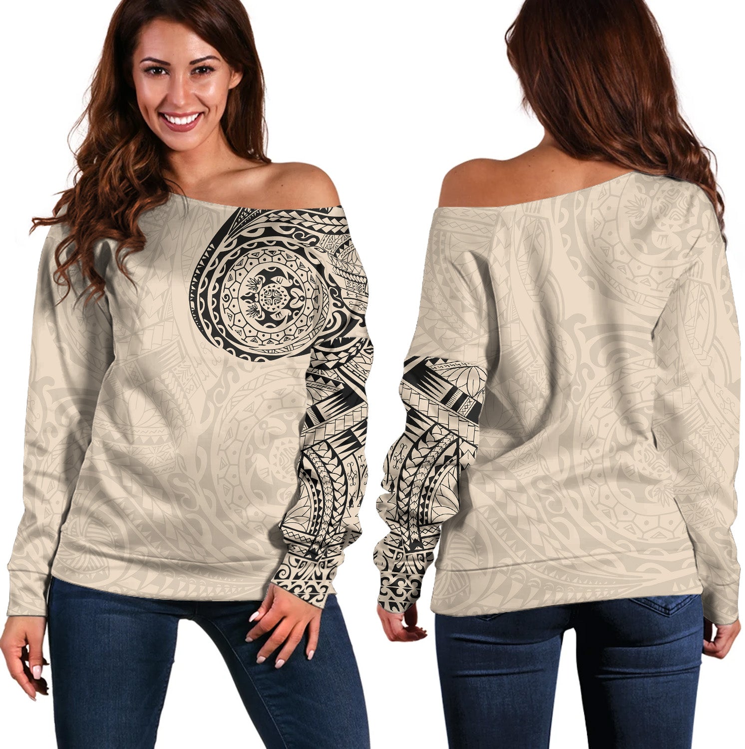 Polynesian Off Shoulder Sweatshirt Polynesian Tattoo Style Version 2.0 Nude