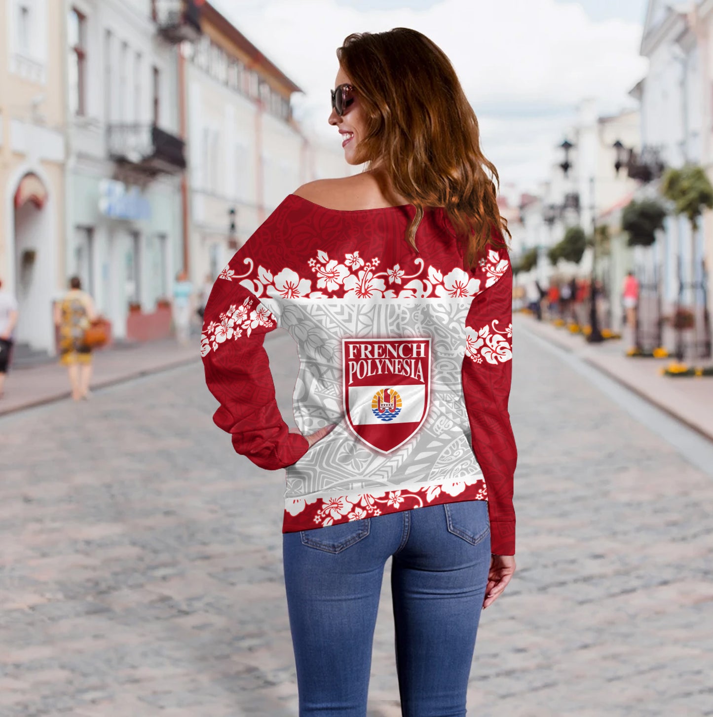 French Polynesia Off Shoulder Sweatshirt Seal With Plumeria Flowers Polynesia Patterns