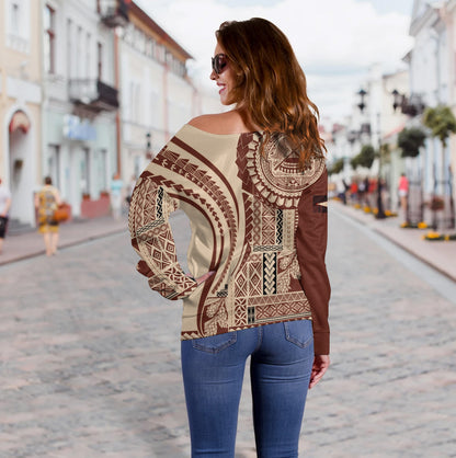 American Samoa Off Shoulder Sweatshirt Samoan Siapo Brown Design