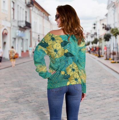 Hawaii Off Shoulder Sweatshirt Golden Hibiscus Turquoise Color Tribal Pattern