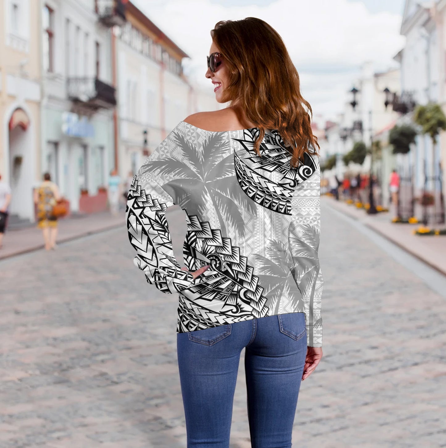 Hawaii Off Shoulder Sweatshirt Custom Personalised Polynesian Pattern Palm Tree