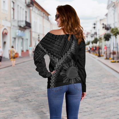 Philippines Filipinos Off Shoulder Sweatshirt Filipinos Sun Polynesian Tattoo Style