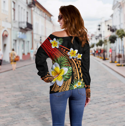 Hawaii Off Shoulder Sweatshirt Plumeria Polynesian Pattern