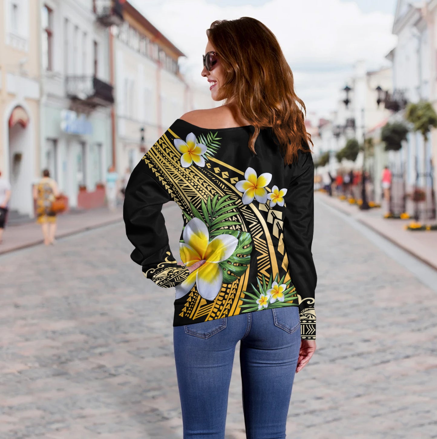 Hawaii Off Shoulder Sweatshirt Plumeria Polynesian Pattern