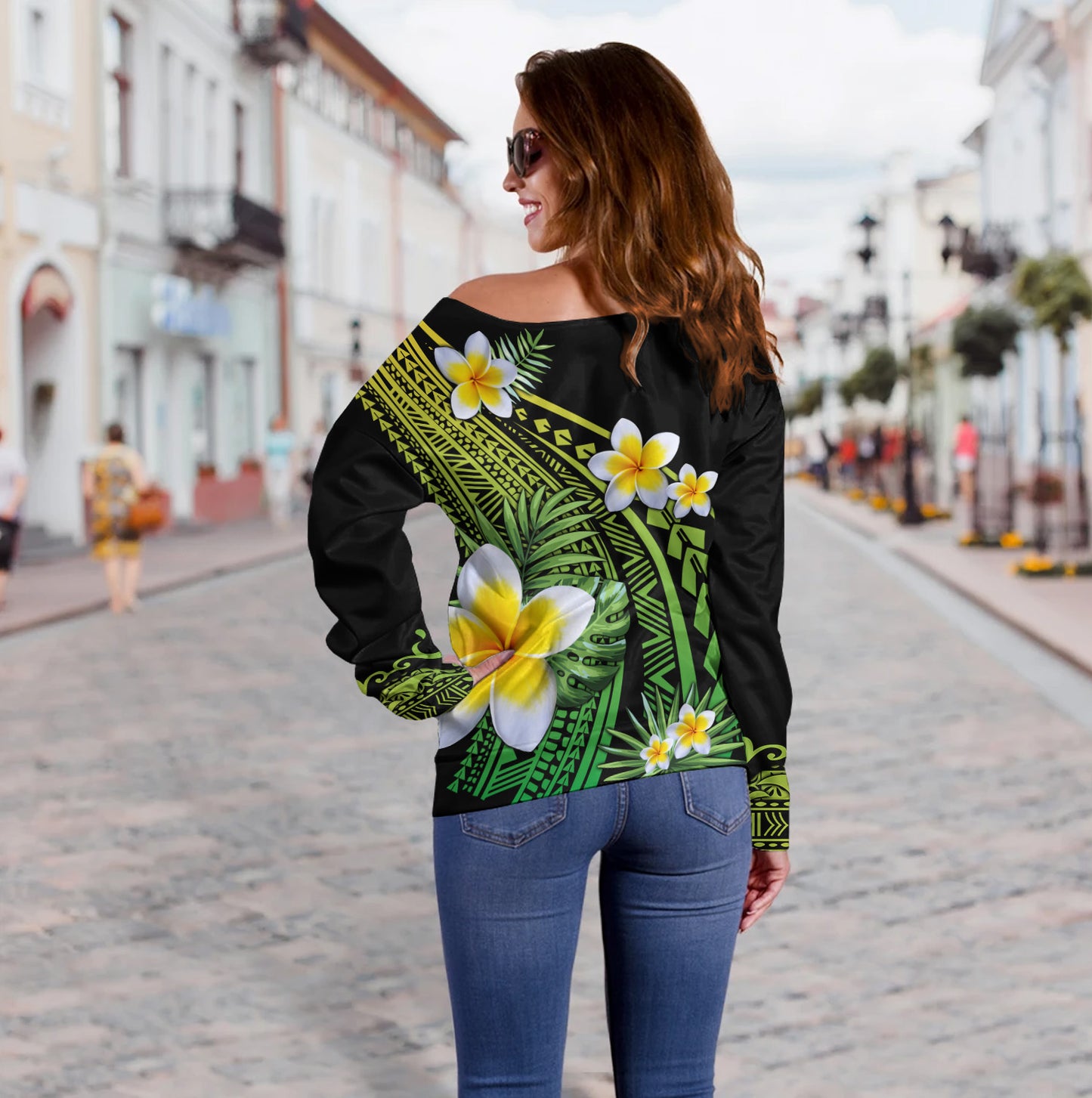 Hawaii Off Shoulder Sweatshirt Plumeria Polynesian Pattern