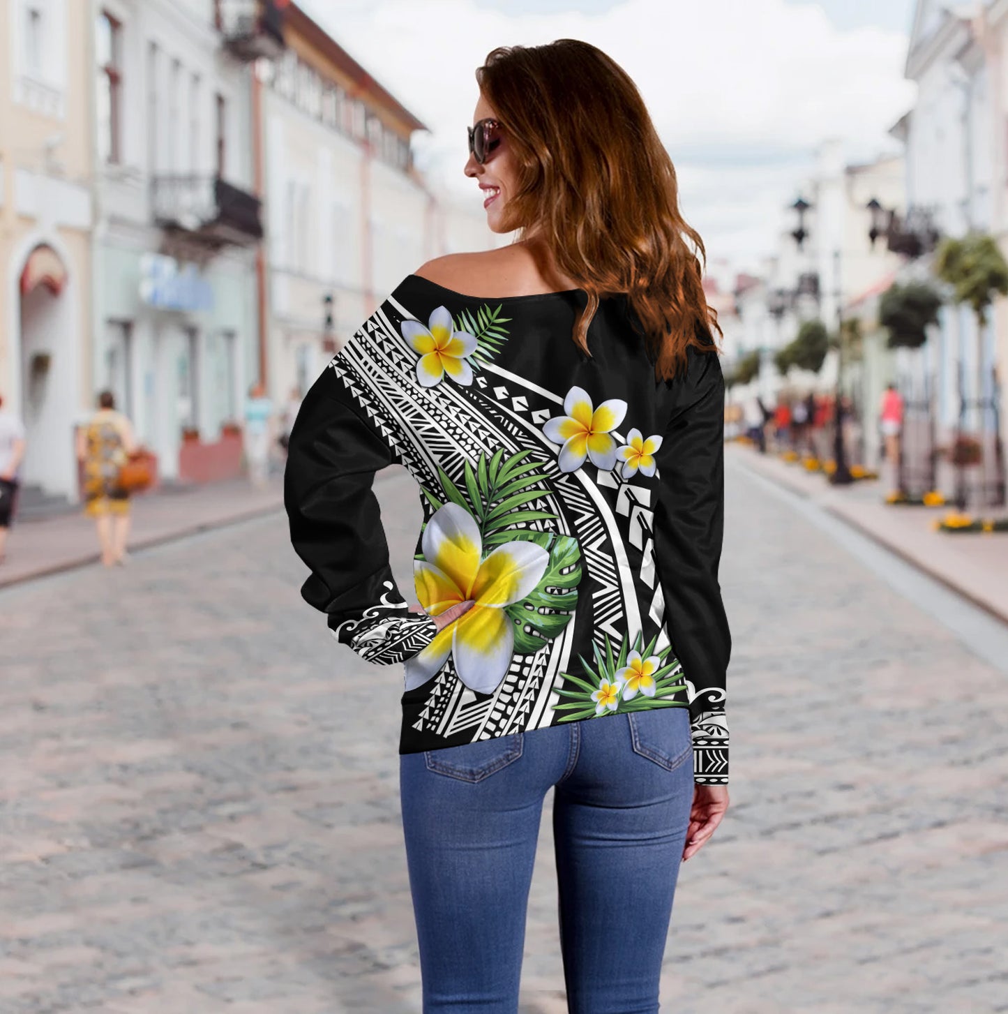 Hawaii Off Shoulder Sweatshirt Plumeria Polynesian Pattern