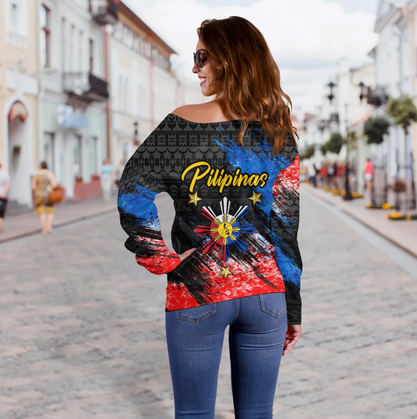 Philippines Filipinos Off Shoulder Sweatshirt Pilipinas Sun Grunge Style