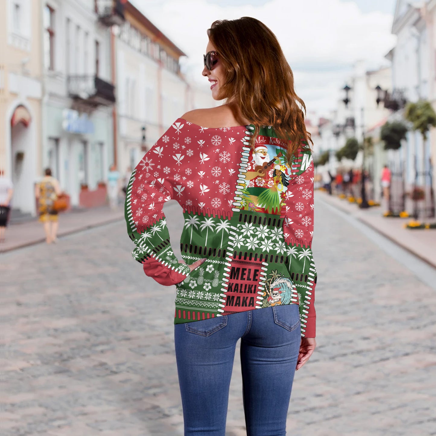 Hawaii Off Shoulder Sweatshirt Santa Surfing Mele Kalikimaka Kanaka Maoli
