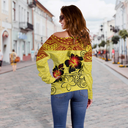 Hawaii Off Shoulder Sweatshirt Polynesian Tribal Patterns Hibiscus Flowers Yellow Color