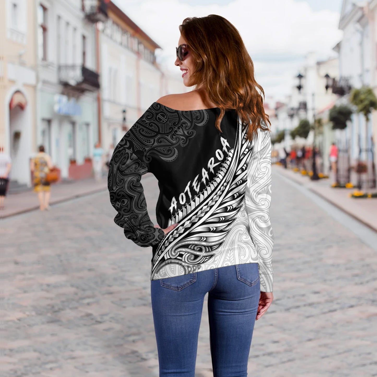 New Zealand Off Shoulder Sweatshirt Maori Silver Fern Rugby Vibe