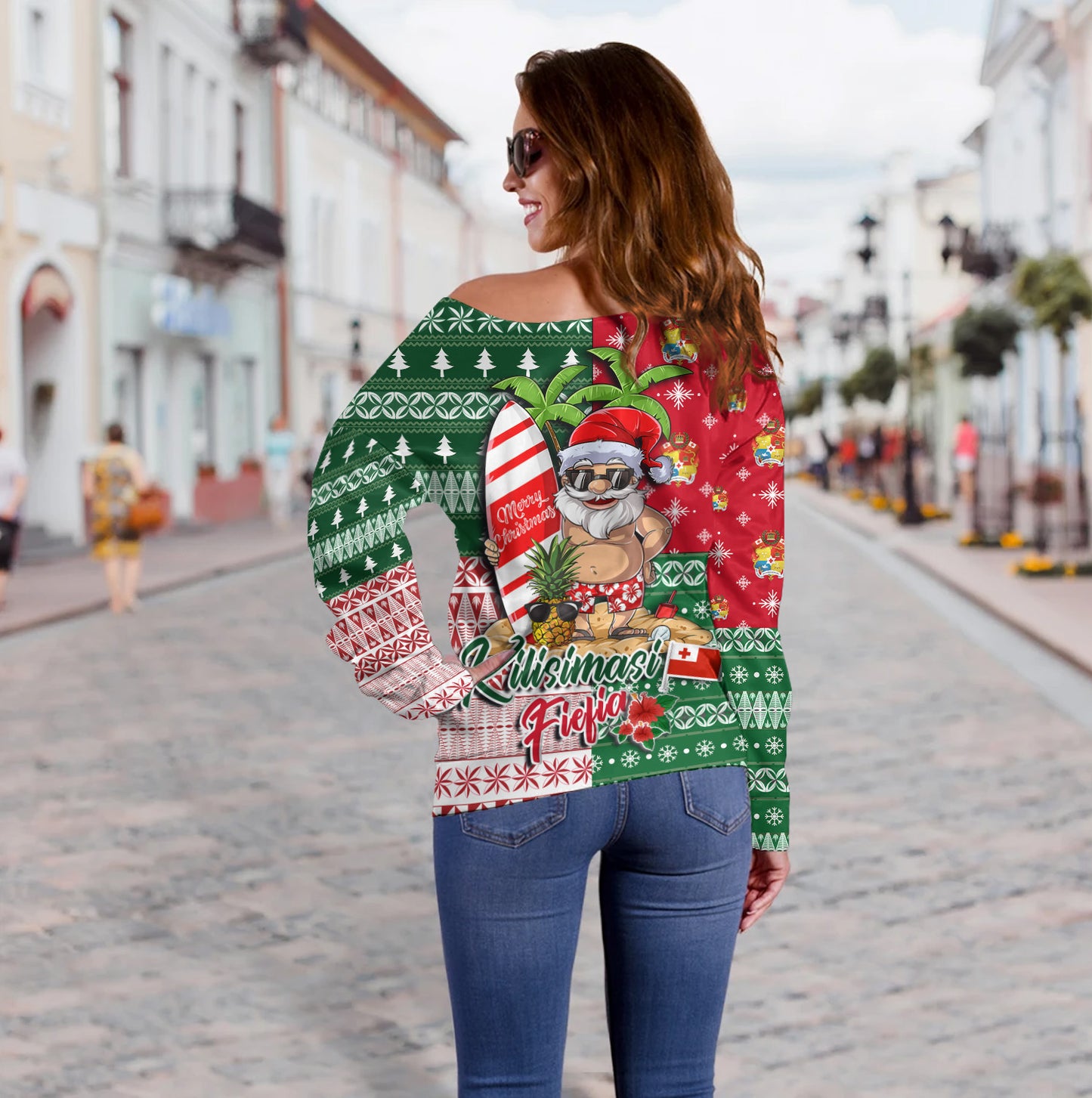 Tonga Off Shoulder Sweatshirt Kilisimasi Fiefia Tropical Xmas Patterns
