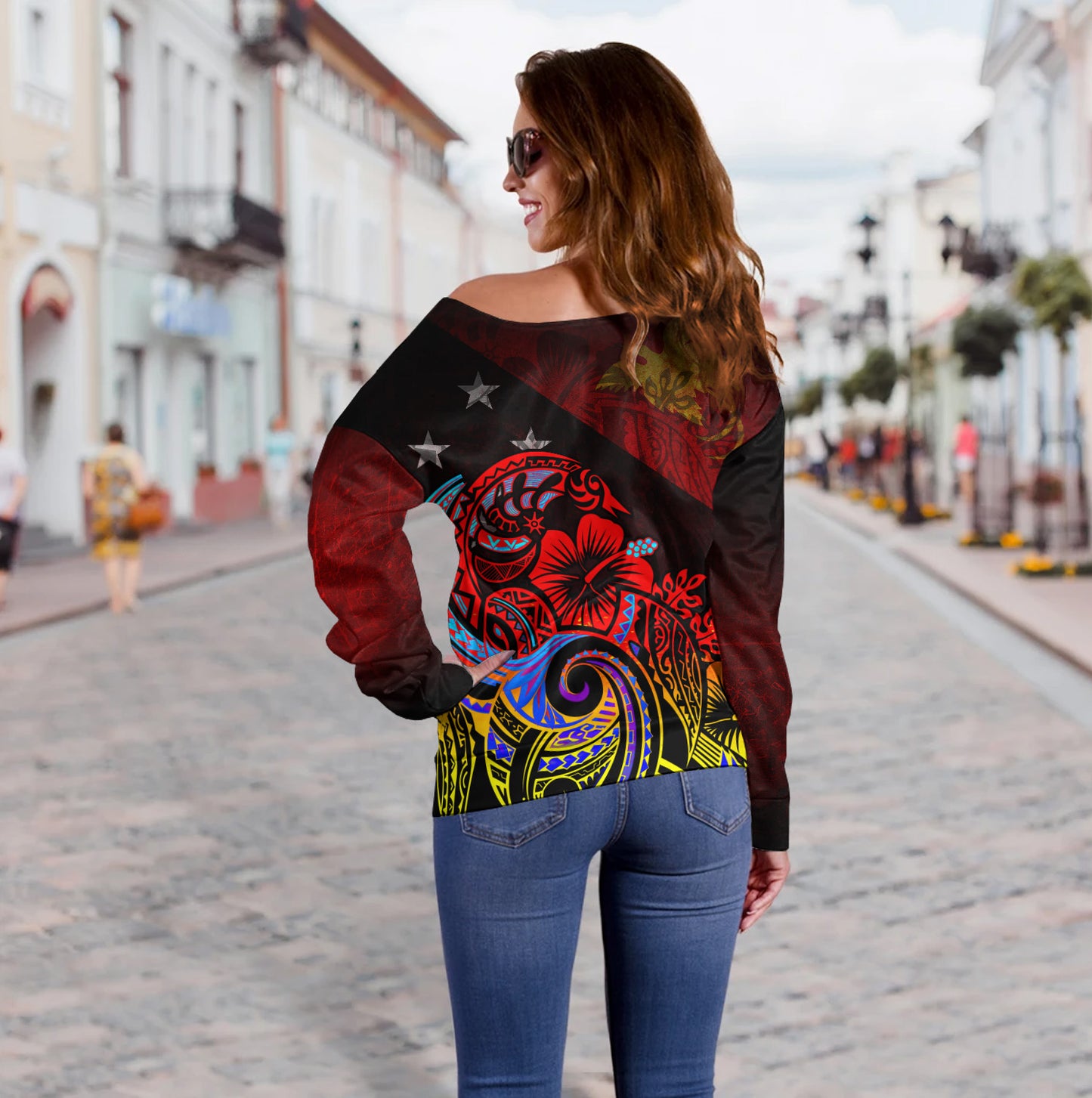 Papua New Guinea Off Shoulder Sweatshirt Birds Of Paradise With Flag Color Style