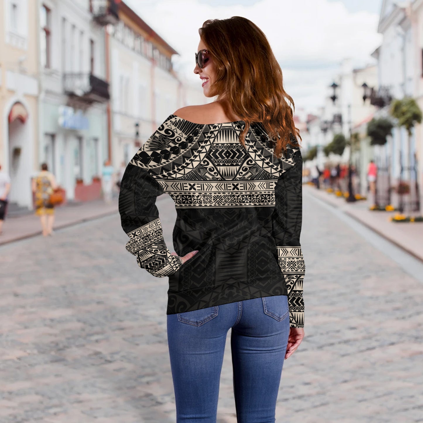 Polynesian Off Shoulder Sweatshirt Traditional Tribal Tattoos