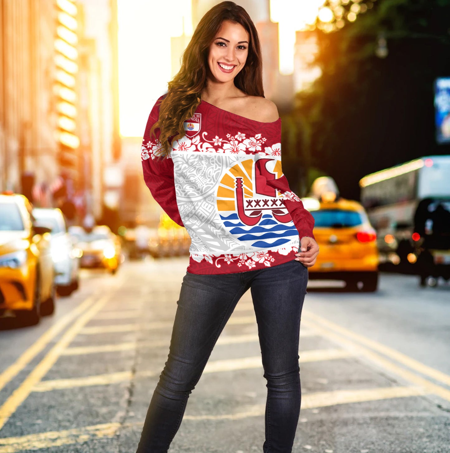 French Polynesia Off Shoulder Sweatshirt Seal With Plumeria Flowers Polynesia Patterns