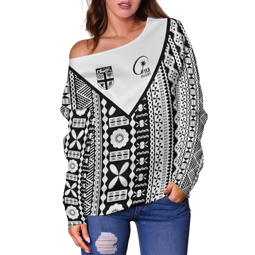 Fiji Rugby Tapa Off Shoulder Sweatshirt Fiji Flag Coat Of Arms Pattern
