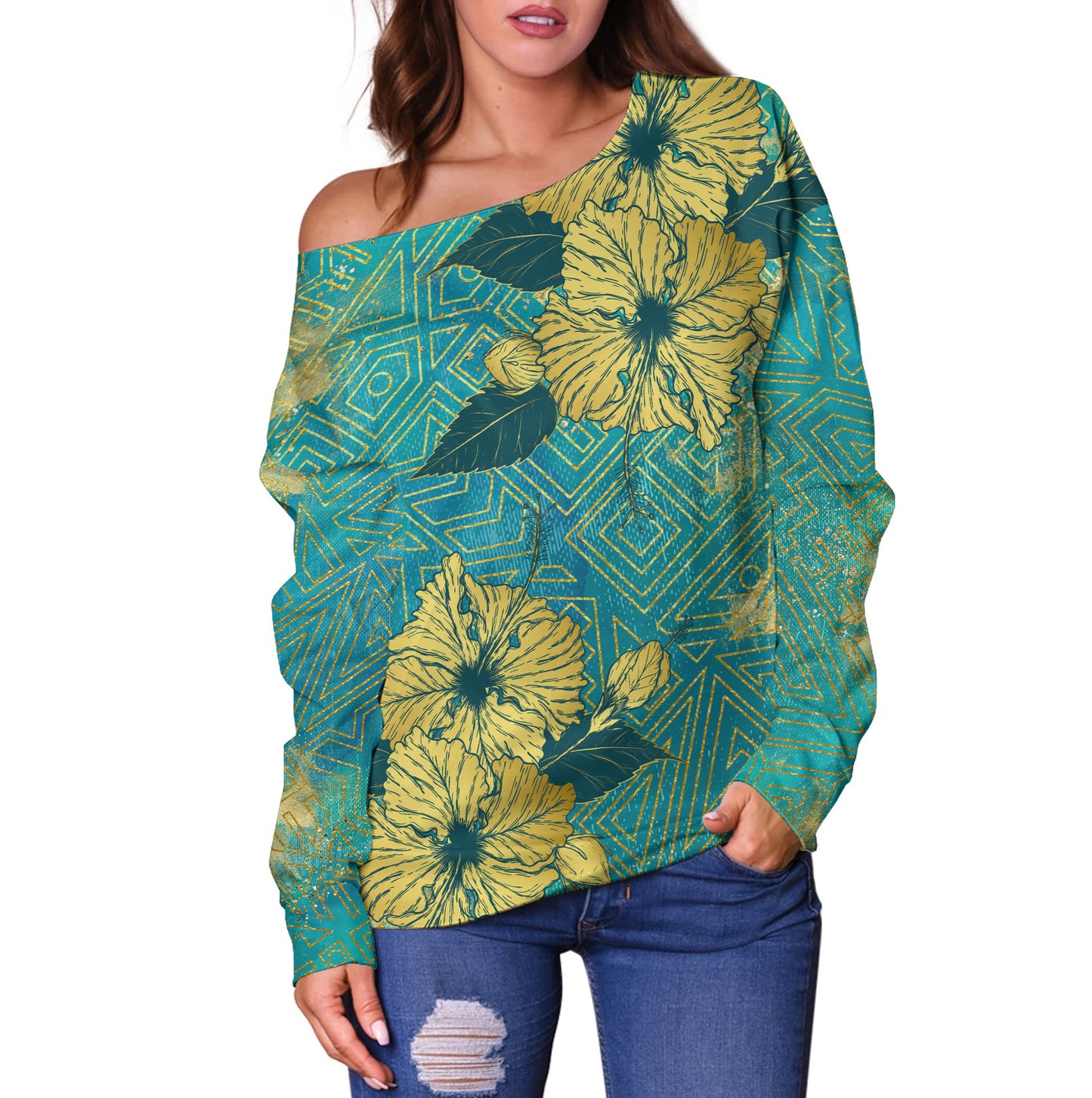 Hawaii Off Shoulder Sweatshirt Golden Hibiscus Turquoise Color Tribal Pattern