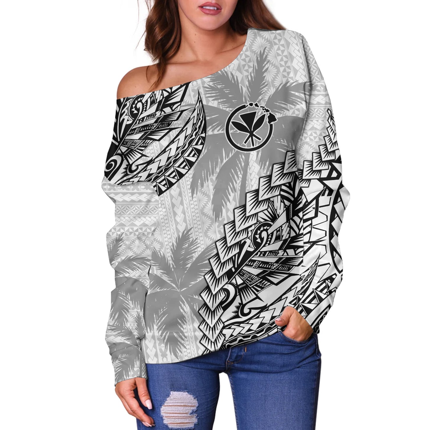 Hawaii Off Shoulder Sweatshirt Custom Personalised Polynesian Pattern Palm Tree