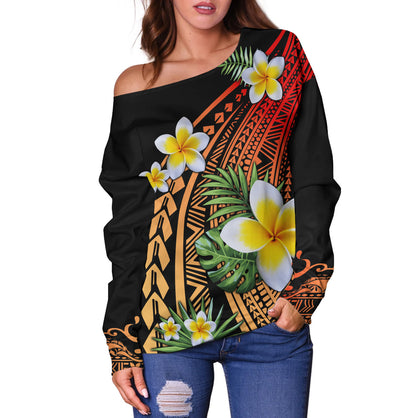 Hawaii Off Shoulder Sweatshirt Plumeria Polynesian Pattern