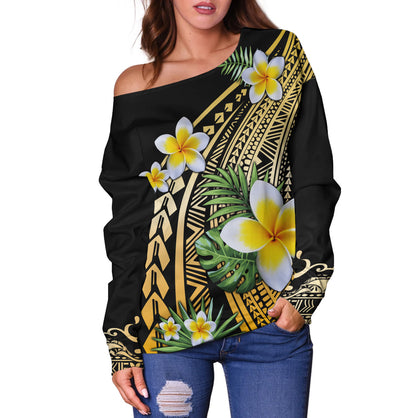 Hawaii Off Shoulder Sweatshirt Plumeria Polynesian Pattern