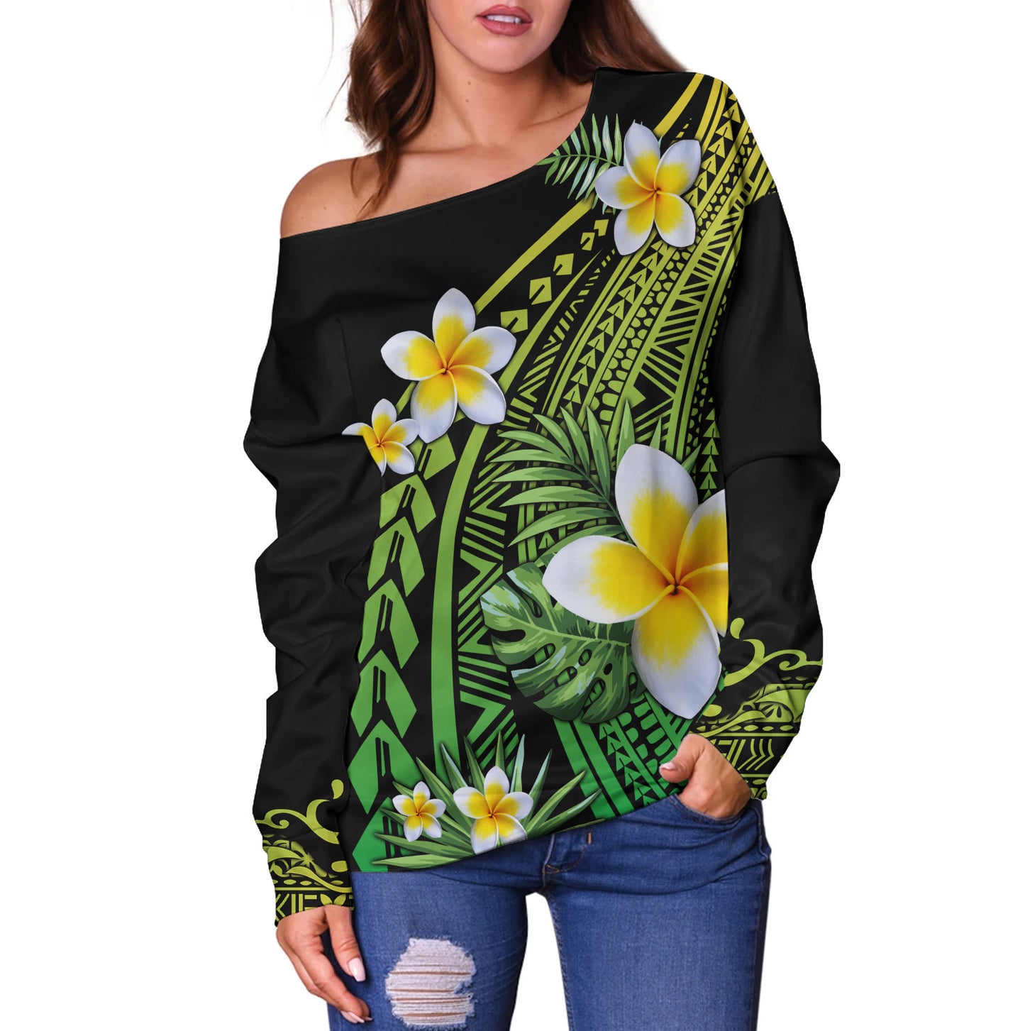 Hawaii Off Shoulder Sweatshirt Plumeria Polynesian Pattern