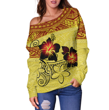 Hawaii Off Shoulder Sweatshirt Polynesian Tribal Patterns Hibiscus Flowers Yellow Color