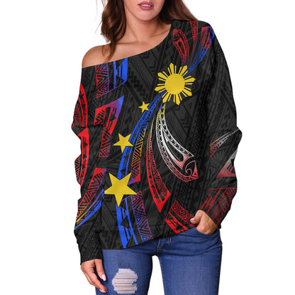 Philippines Filipinos Off Shoulder Sweatshirt Tribal Pattern Filipinos Sun