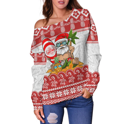 Hawaii Off Shoulder Sweatshirt Santa Surfing Merry Christmas Kanaka Maoli