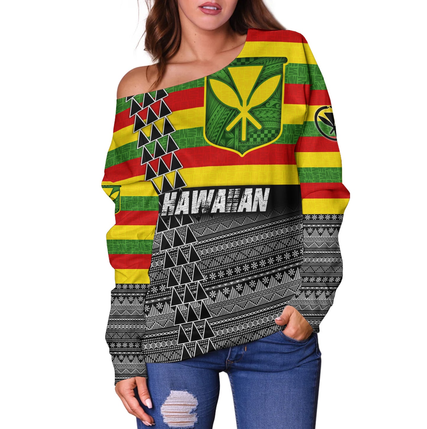 Hawaii Off Shoulder Sweatshirt Kanaka Maoli Flag Polynesian Tribal Patterns Grunge Style