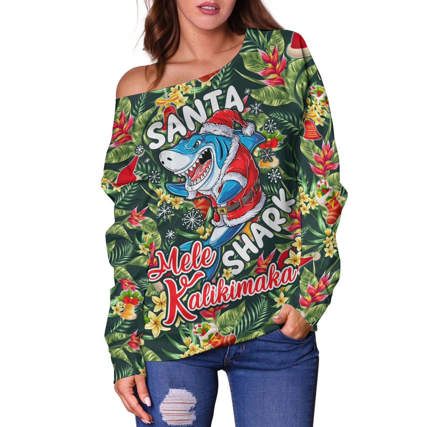 Hawaii Off Shoulder Sweatshirt Mele Kalikimaka Santa Shark Tropical Style