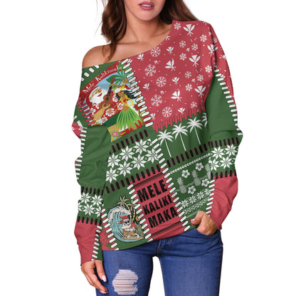Hawaii Off Shoulder Sweatshirt Santa Surfing Mele Kalikimaka Kanaka Maoli