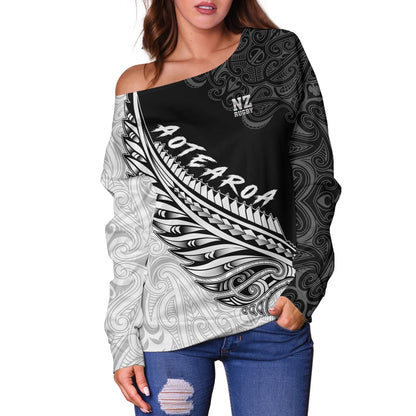 New Zealand Off Shoulder Sweatshirt Maori Silver Fern Rugby Vibe