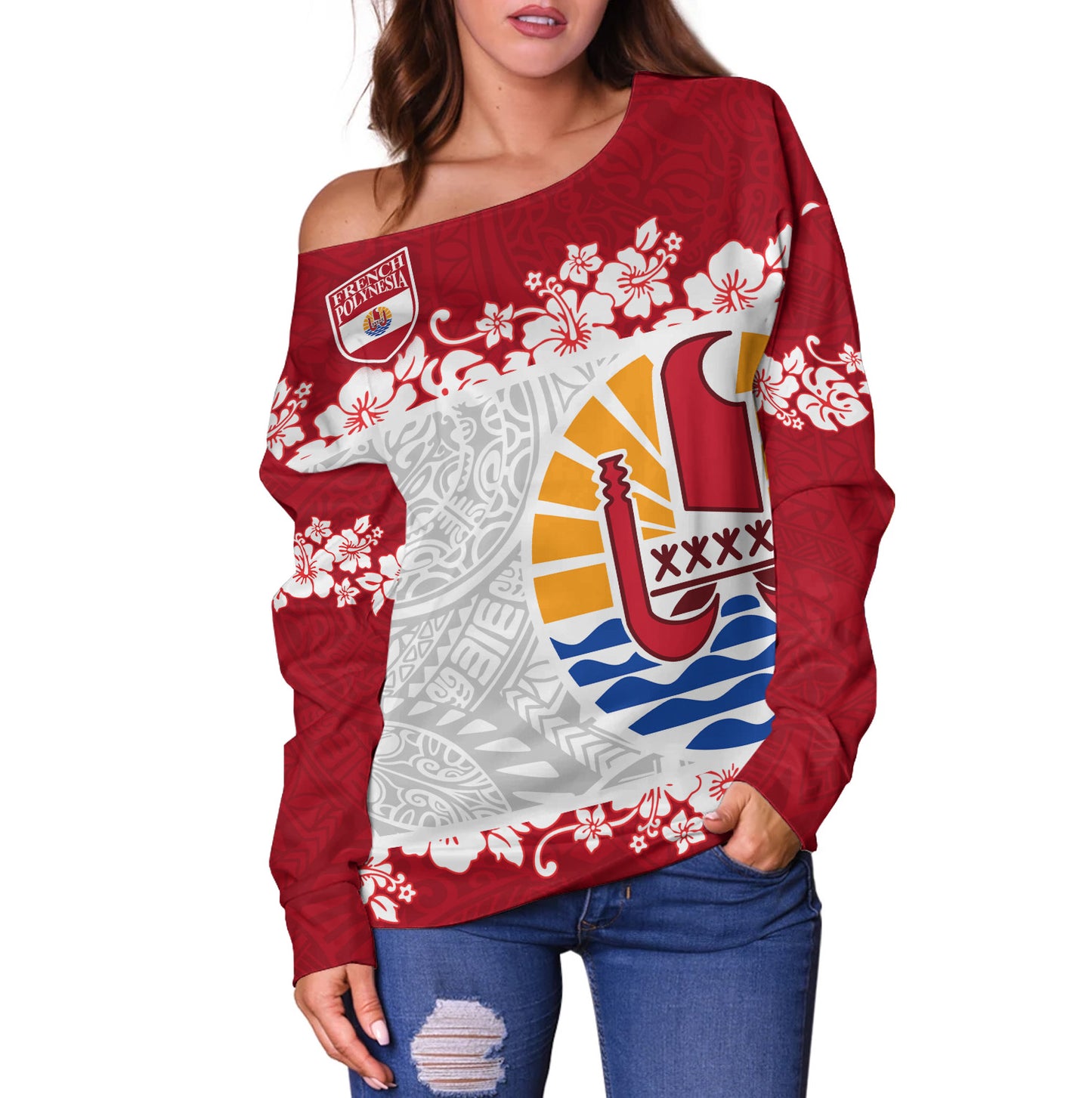 French Polynesia Off Shoulder Sweatshirt Seal With Plumeria Flowers Polynesia Patterns