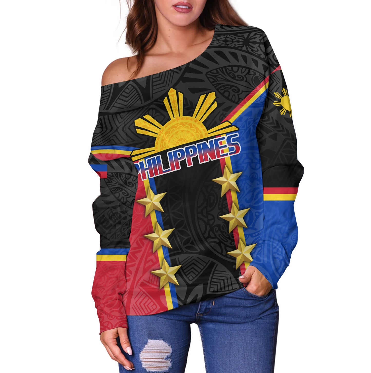 Philippines Filipinos Off Shoulder Sweatshirt Philippines Sun Tribal Pattern Style