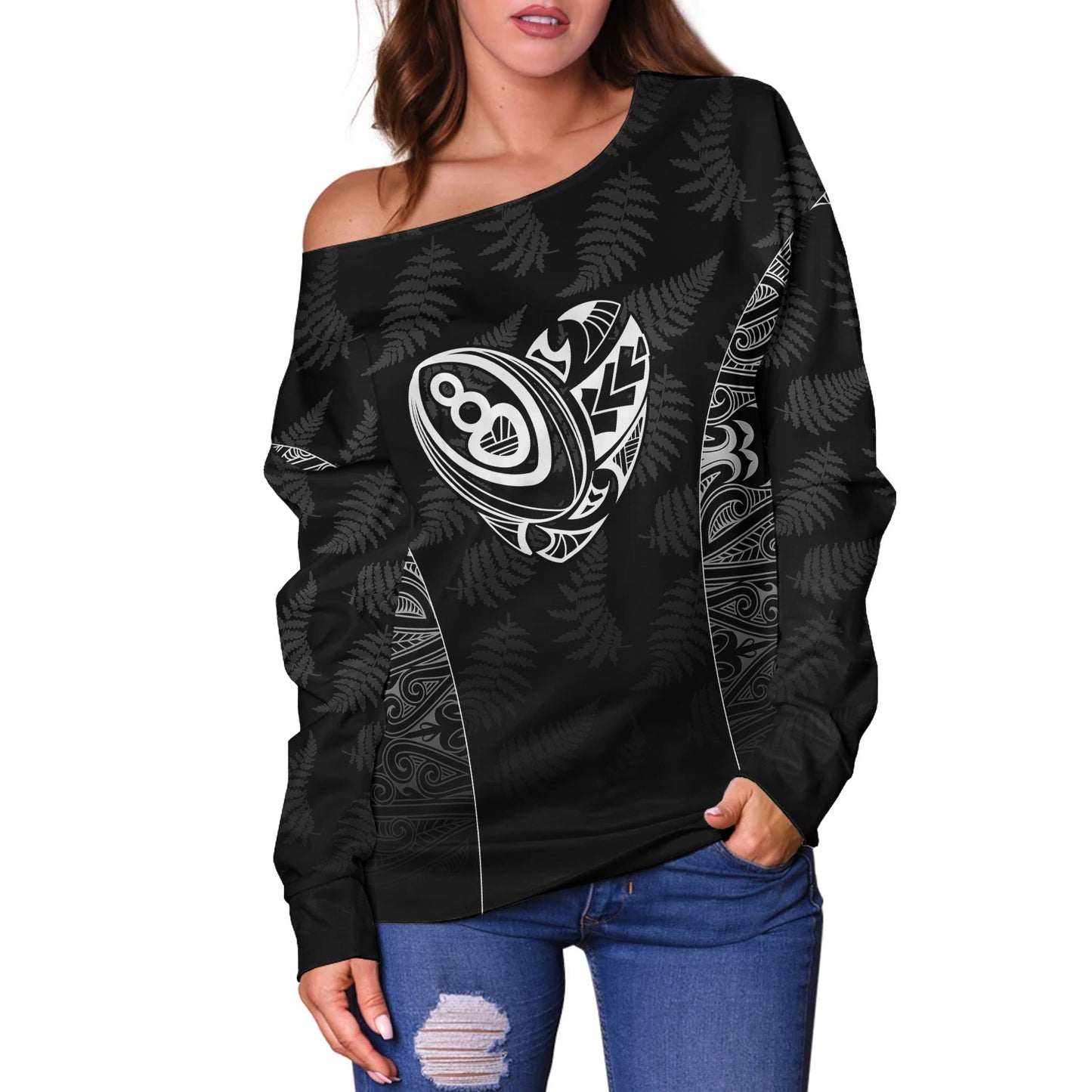 New Zealand Personalized Off Shoulder Sweatshirt Rugby Heart Maori Style Silver Fern