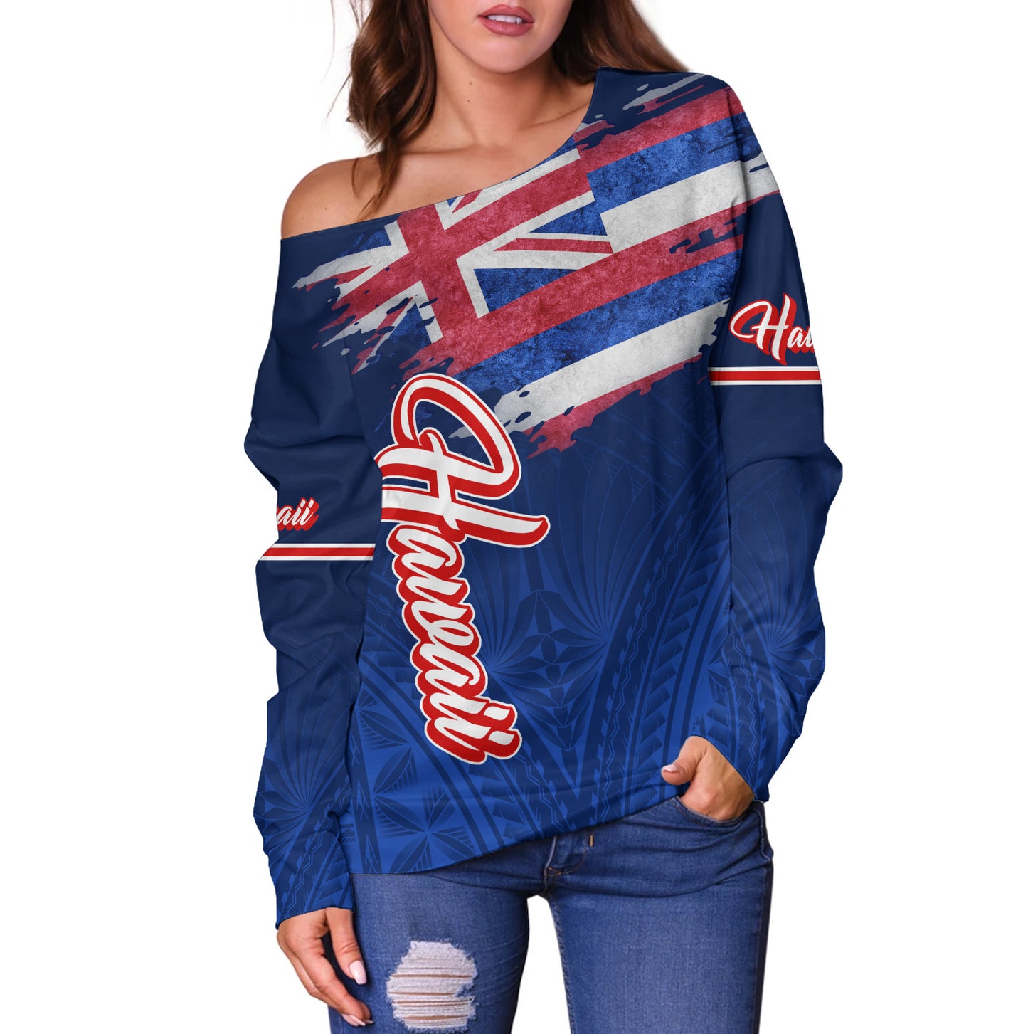 Hawaii Off Shoulder Sweatshirt Hawaii Flag Blue Color Polynesian Patterns Grunge Style