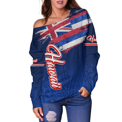 Hawaii Off Shoulder Sweatshirt Hawaii Flag Blue Color Polynesian Patterns Grunge Style