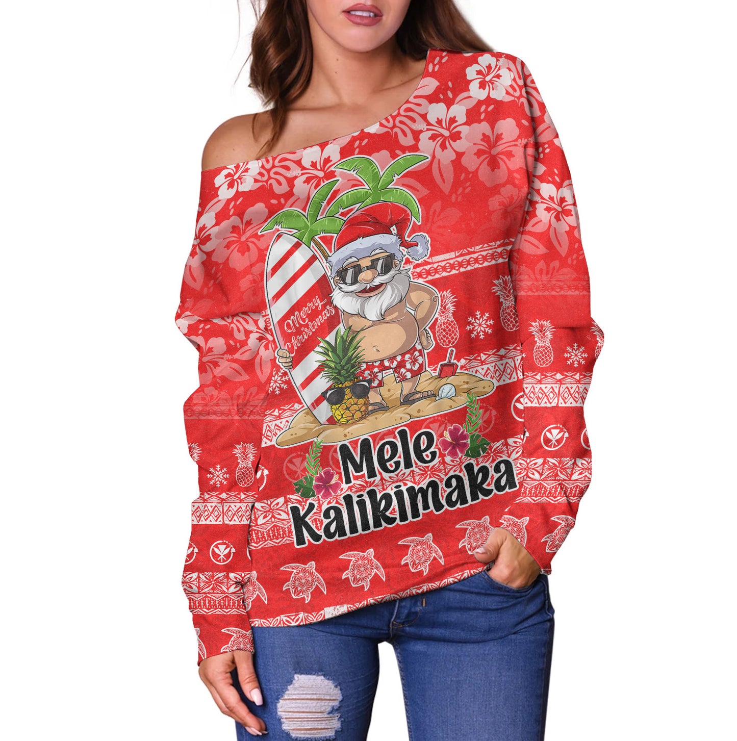 Hawaii Off Shoulder Sweatshirt Mele Kalikimaka Merry Christmas Tree Pineapple Tropical