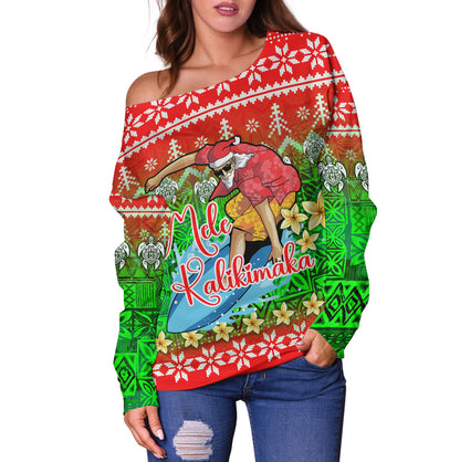 Hawaii Off Shoulder Sweatshirt Santa Surfing Mele Kalikimaka Style