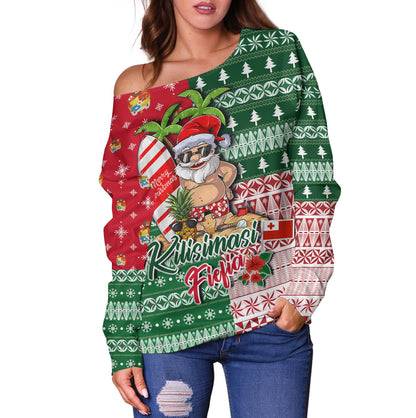 Tonga Off Shoulder Sweatshirt Kilisimasi Fiefia Tropical Xmas Patterns