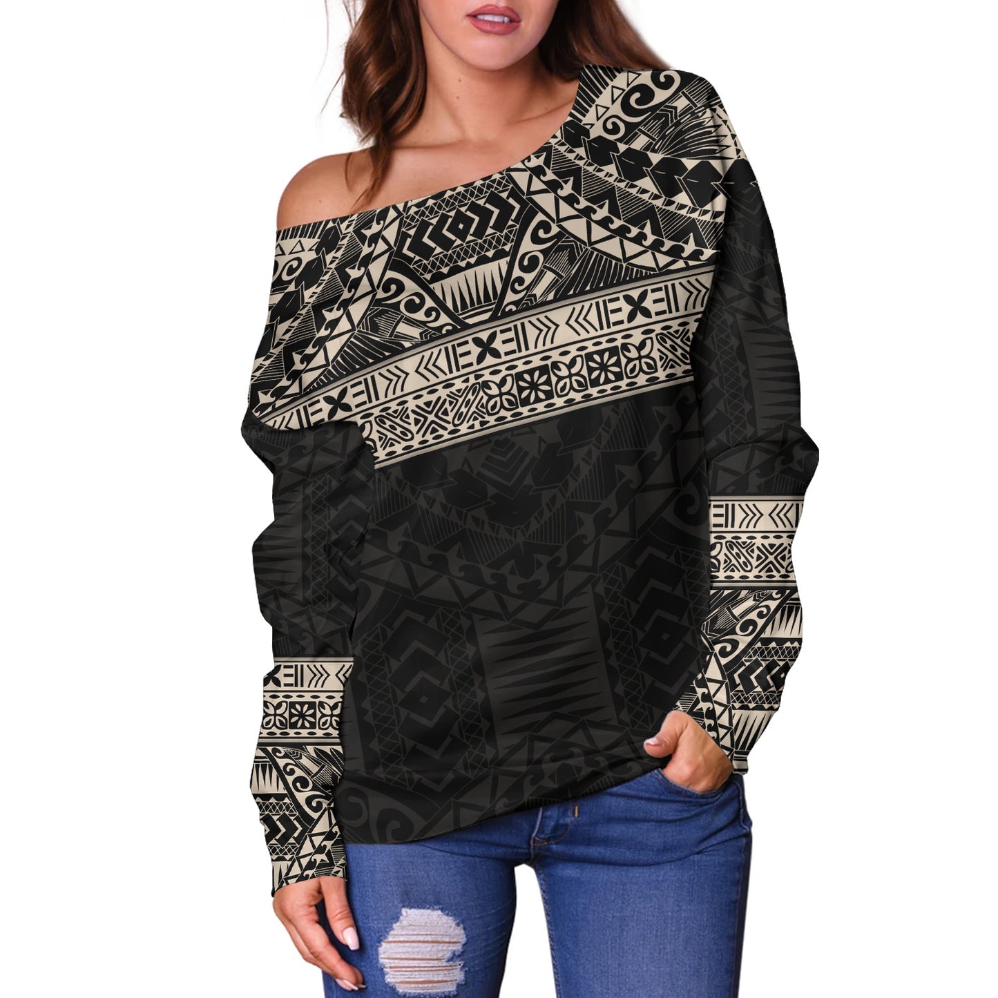 Polynesian Off Shoulder Sweatshirt Traditional Tribal Tattoos
