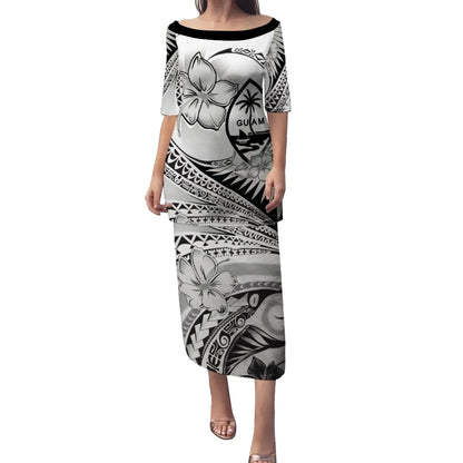 Guam Combo Puletasi And Shirt Polynesian Tribal Waves Patterns Hibiscus Flowers