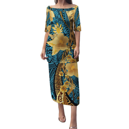 Polynesian Tribal Patterns Hibiscus Flowers Golden Color Puletasi And Shirt