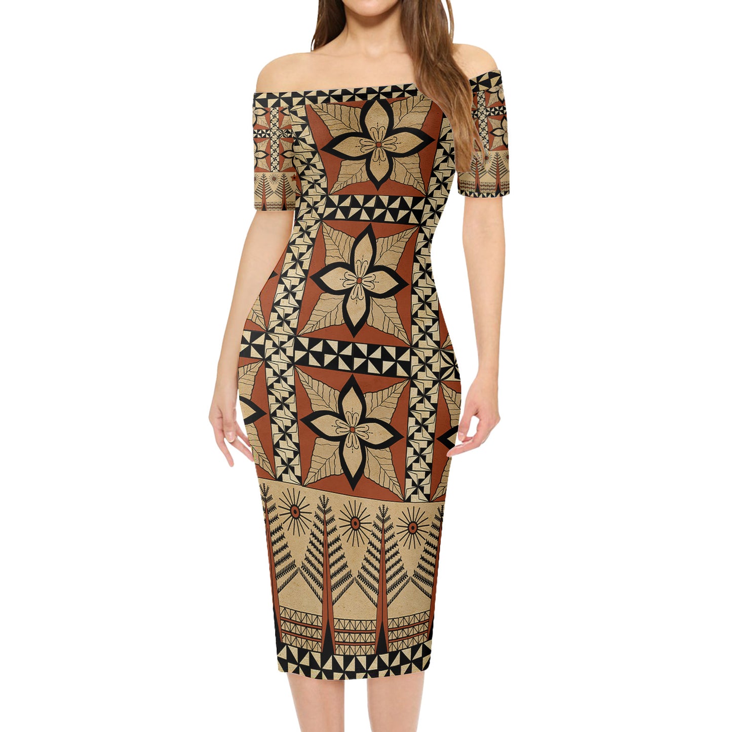 Tonga Combo Short Sleeve Dress And Shirt Tapa Motif