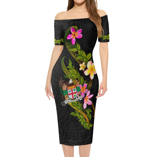 Fiji Short Sleeve Off The Shoulder Lady Dress Plumeria Tribal